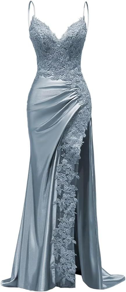 Elegant Mermaid Spaghetti Straps Dusty Blue Satin Long Prom Dresses Inspiration Party Dress Prom Gowns DH3022