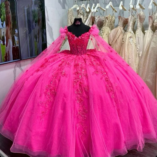 Cute Ball Gown Sweetheart Hot Pink 3D Flowers Applqiues Long Tulle Quinceanera Dress Sweet 15 16 Dresses DH3026