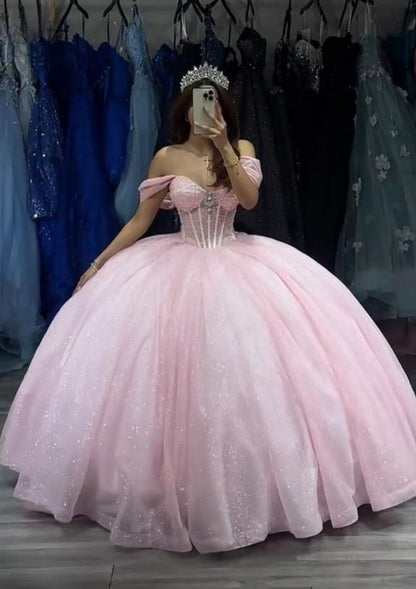 Ball Gown Sweetheart Light Pink Sequin Beaded Long Tulle Quinceanera Dress Sweet 15 16 Dresses DH3029