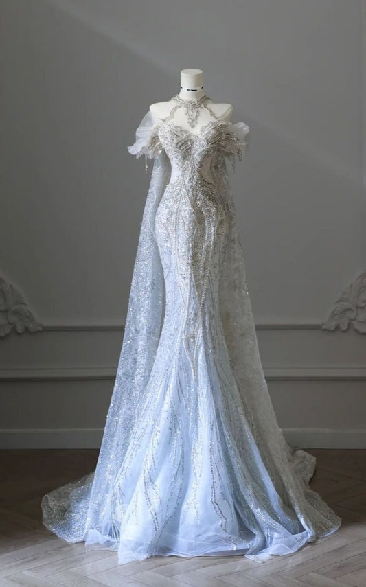 Luxury Mermaid Off The Shoulder Silver Blue Beaded Fitted Tulle Corset Wedding Dress Long Bridal Gown Wedding Dresses DH3058