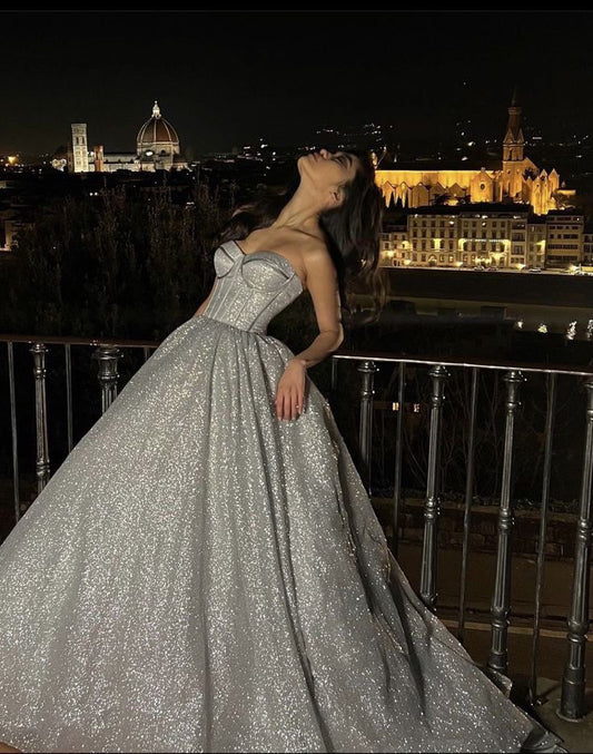 Modest Ball Gown Sweetheart Silver Sequin Prom Dresses Party Dress 18th Birthday Outfits Prom Gown DH3059