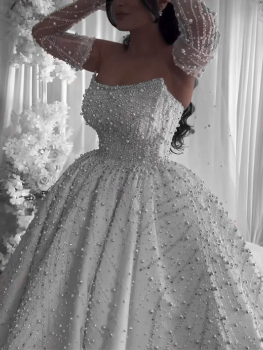 Charming Ball Gown Strapless Fitted Corset Pearls Beaded Wedding Dress Long Bridal Gown White Wedding Gowns DH3062