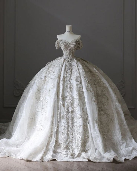 Charming Ball Gown Off The Shoulder Lace Fitted Corset Beaded Wedding Dress Long Bridal Gown White Wedding Gowns DH3049