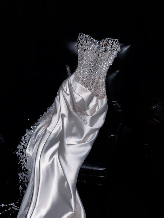 Bling Mermaid Sweetheart White Satin Beaded Corset Wedding Dress Long Bridal Gown Wedding Dresses DH3252