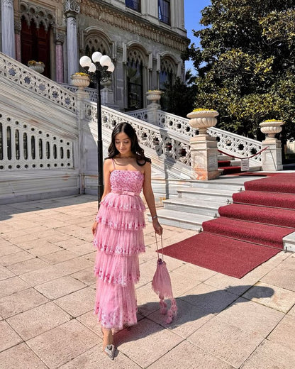 Vintage A line Spaghetti Straps Pink Tulle Beaded Long Prom Dresses Inspo Prom Gown DH3254