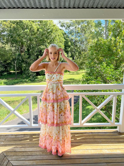 Unique Ball Gown Spaghetti Straps Floral Chiffon Backless Prom Dresses Long Party Dress Birthday Outfits Prom Gown DH3014
