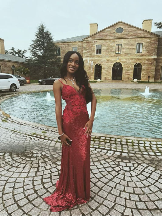 Cute Mermaid Spaghetti Straps Burgundy Sequin Appliques Long Prom Dresses Inspo Prom Gown DH3267