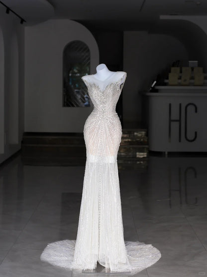 Modest Wedding Dresses Mermaid Sweetheart White Sequin Beaded Bodice Long Bridal Gown N2986