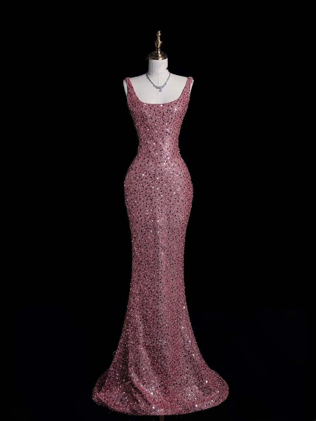 Sparkly Mermaid Square Neck Pink Beaded Bodice Long Prom Dress Evening Outfits Formal Dress N545