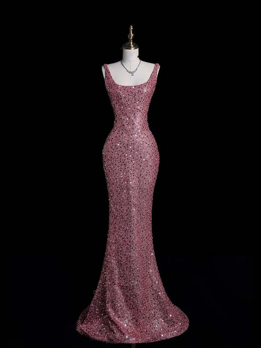 Sparkly Mermaid Square Neck Pink Beaded Bodice Long Prom Dress Evening Outfits Formal Dress N545