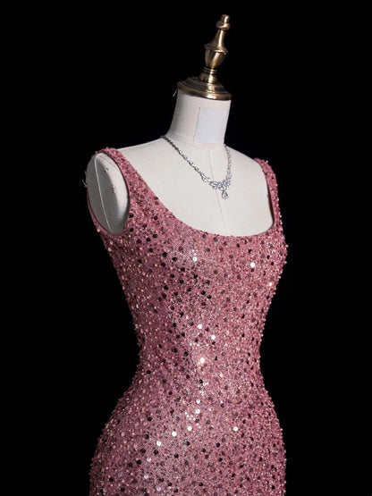 Sparkly Mermaid Square Neck Pink Beaded Bodice Long Prom Dress Evening Outfits Formal Dress N545