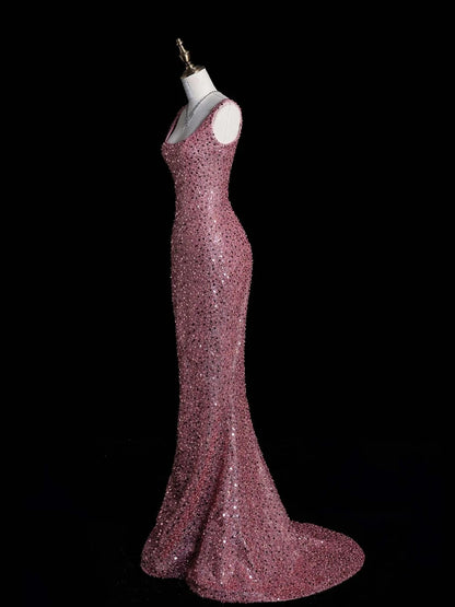 Sparkly Mermaid Square Neck Pink Beaded Bodice Long Prom Dress Evening Outfits Formal Dress N545