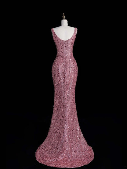 Sparkly Mermaid Square Neck Pink Beaded Bodice Long Prom Dress Evening Outfits Formal Dress N545