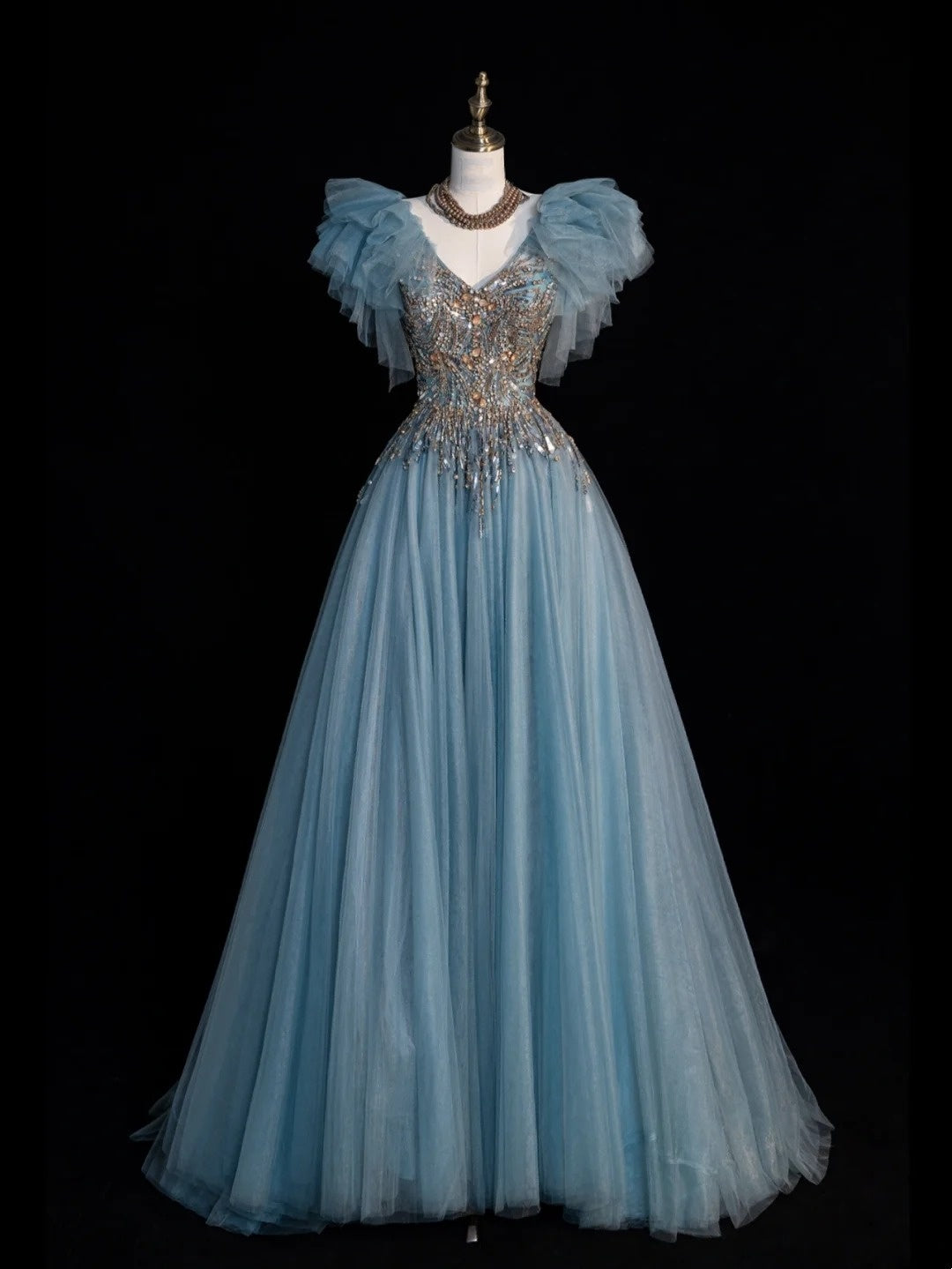 Sparkly Ball Gown V Neckline Blue Tulle Beaded Bodice Long Prom Dress Evening Outfits Formal Dress N546