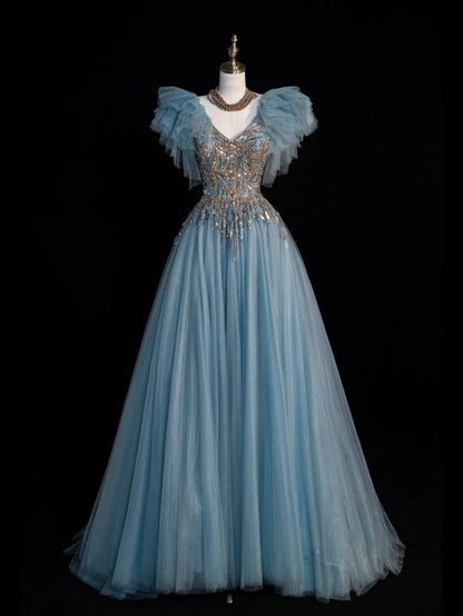 Sparkly Ball Gown V Neckline Blue Tulle Beaded Bodice Long Prom Dress Evening Outfits Formal Dress N546
