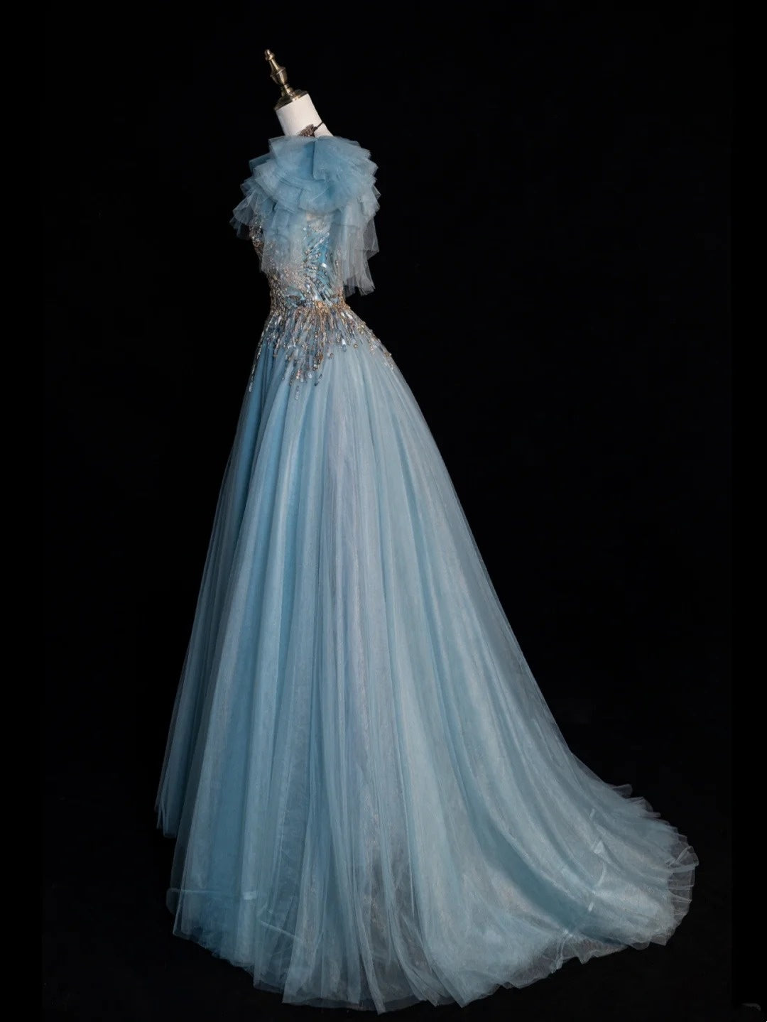 Sparkly Ball Gown V Neckline Blue Tulle Beaded Bodice Long Prom Dress Evening Outfits Formal Dress N546
