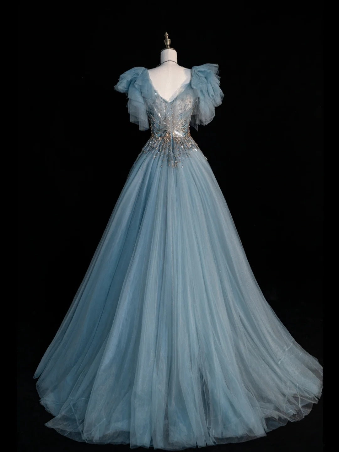 Sparkly Ball Gown V Neckline Blue Tulle Beaded Bodice Long Prom Dress Evening Outfits Formal Dress N546