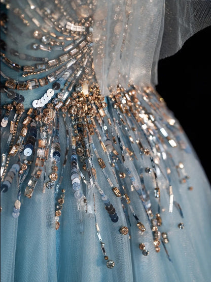 Sparkly Ball Gown V Neckline Blue Tulle Beaded Bodice Long Prom Dress Evening Outfits Formal Dress N546