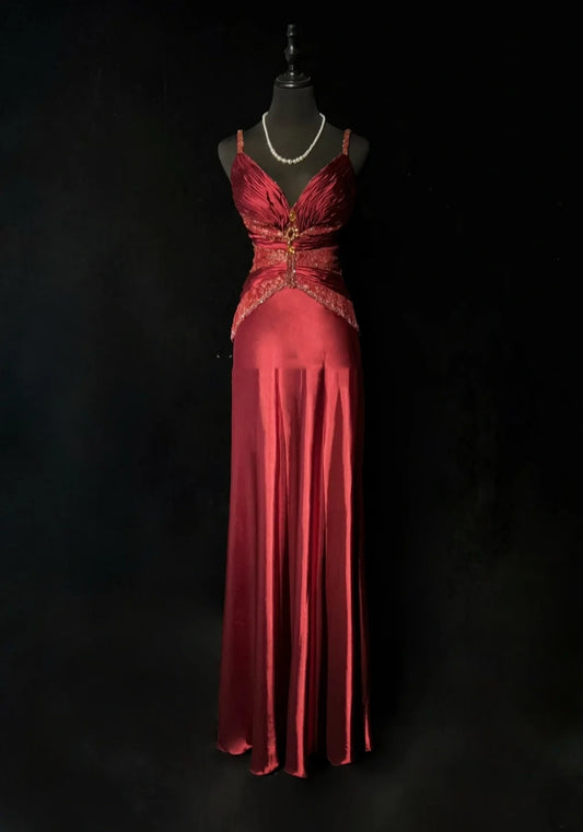 Vintage Prom Dresses A line Spaghetti Strap Wine Red Satin With Pleated 1960s Long Formal Gown N2602