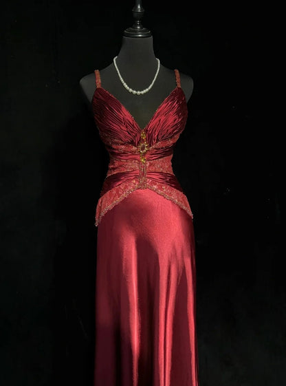 Vintage Prom Dresses A line Spaghetti Strap Wine Red Satin With Pleated 1960s Long Formal Gown N2602