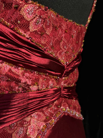 Vintage Prom Dresses A line Spaghetti Strap Wine Red Satin With Pleated 1960s Long Formal Gown N2602