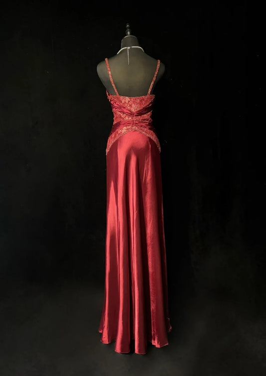 Vintage Prom Dresses A line Spaghetti Strap Wine Red Satin With Pleated 1960s Long Formal Gown N2602