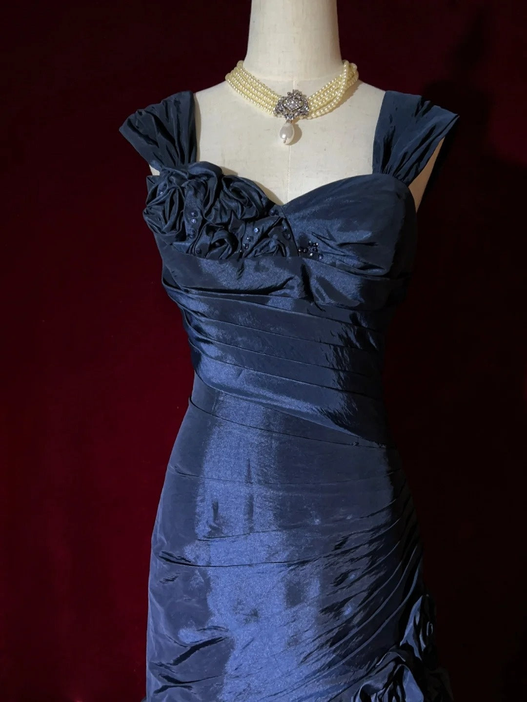 Vintage Prom Dresses 90s Mermaid Sweetheart Navy Blue Satin Flowers Long Evening Outfits N3191