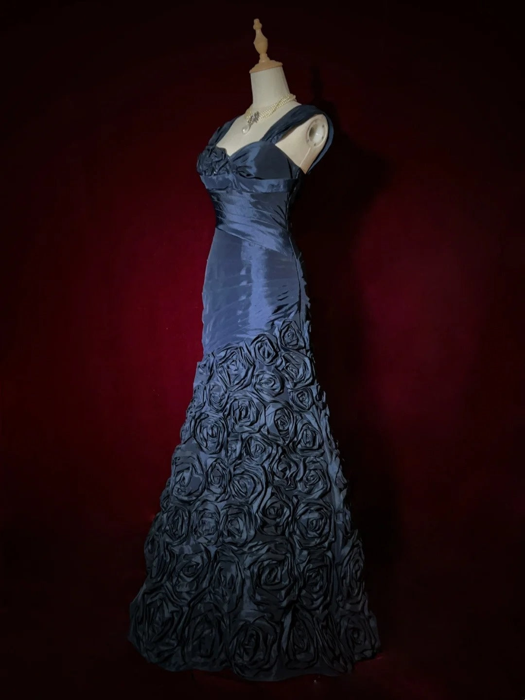 Vintage Prom Dresses 90s Mermaid Sweetheart Navy Blue Satin Flowers Long Evening Outfits N3191