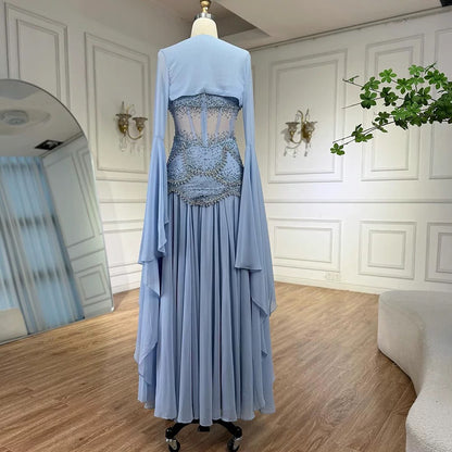 Classy A Line Strapless Blue Chiffon Beaded Prom Dresses Formal Dress 20th Birthday Outfits Prom Gown RB1966