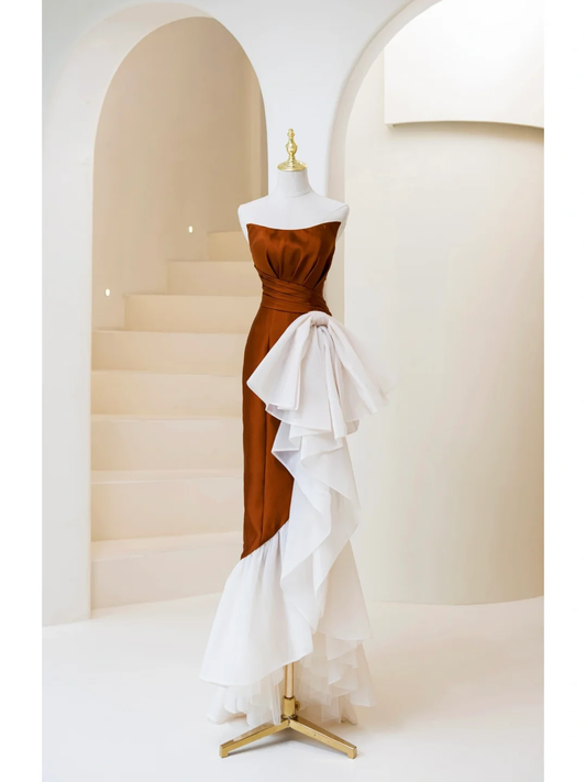 Elegant Mermaid Strapless Brown Satin Long Prom Dress Charming Evening Party Gowns Fashion Wedding Guest Dress AB1027