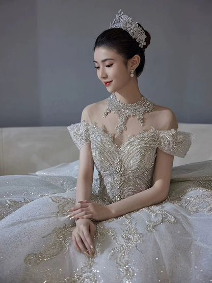 Sparkle Ball Gown Off The Shoulder Sequin Short Sleeves White Silver Beaded Wedding Dress Long Bridal Gown Wedding Dresses Ideas DH2899
