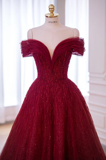 Shinning Ball Gown Off The Shoulder Red Tulle With Beads For Women Party Dresses Long Formal Prom Dresses 22th Birthday Gown AB1328