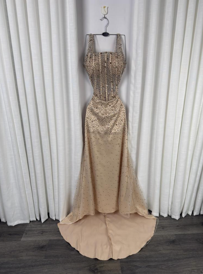 Sparkly Mermaid Square Neck Champagne Sequins Senior Prom Dresses High School Long Formal Dress N1320