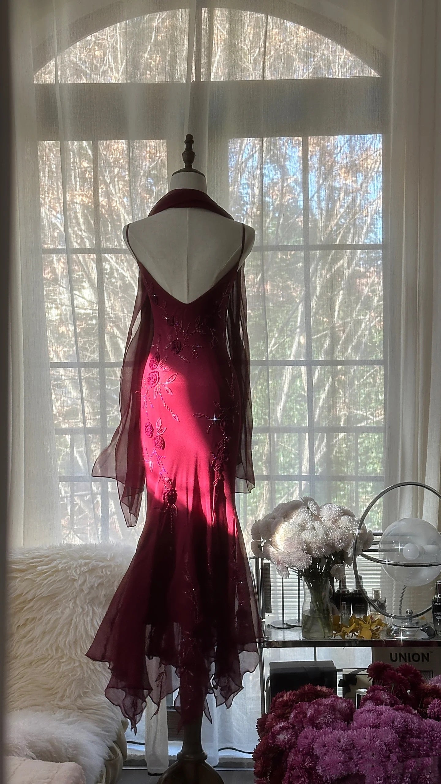 Elegant Mermaid Spaghetti Straps Burgundy Chiffon Prom Dresses Inspiration Trending Evening Gowns Formal Party Prom Dress B374