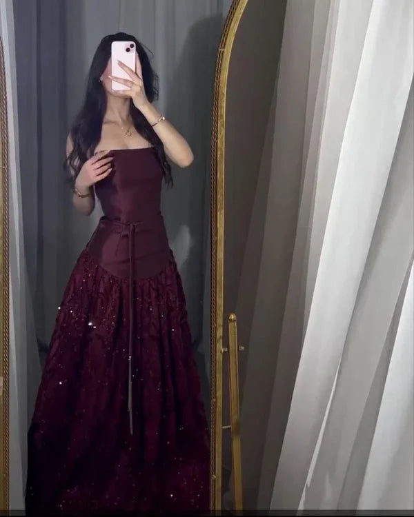 Classy A Line Strapless Sleeveless Burgundy Sequin Satin Long Prom Dresses Inspiration Prom Gown DH2936