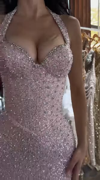 Glitter Halter Pink Long Party Dress Prom Dresses Sequin Mermaid Bodycon For Teens Girls Women N4099