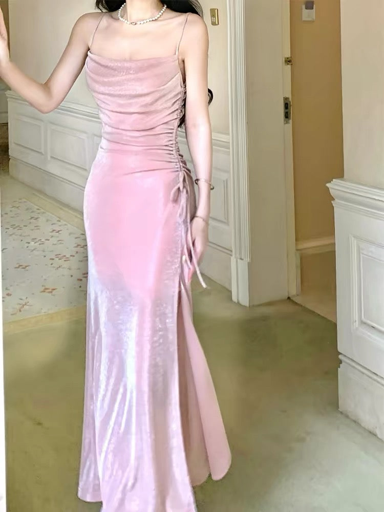 Modest Mermaid Spaghetti Strap Pink Sequin Evening Dresses Slit High School Teens Senior Night Dance Prom Outfits N016