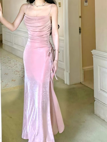 Modest Mermaid Spaghetti Strap Pink Sequin Evening Dresses Slit High School Teens Senior Night Dance Prom Outfits N016
