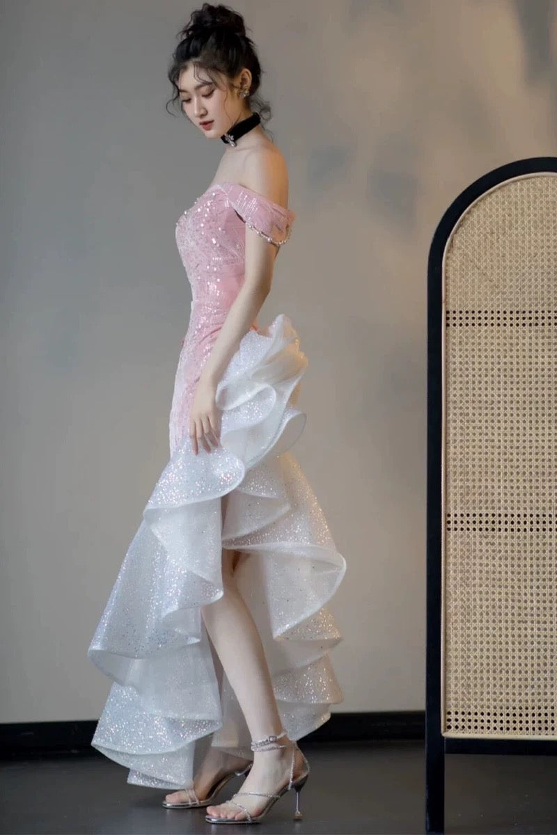 Elegant Mermaid Off The Shoulder Pink With Short Sleeves Formal Dress  Sequin Birthday Prom Dresses N2816