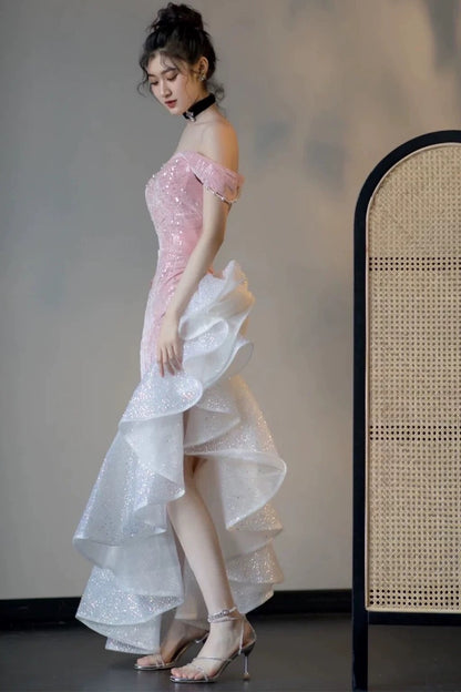Elegant Mermaid Off The Shoulder Pink With Short Sleeves Formal Dress  Sequin Birthday Prom Dresses N2816
