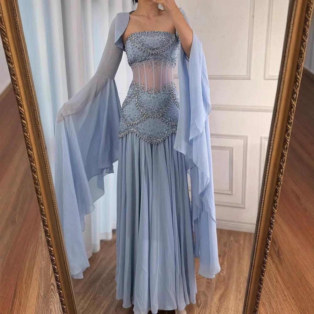 Classy A Line Strapless Blue Chiffon Beaded Prom Dresses Formal Dress 20th Birthday Outfits Prom Gown RB1966