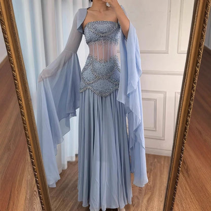 Classy A Line Strapless Blue Chiffon Beaded Prom Dresses Formal Dress 20th Birthday Outfits Prom Gown RB1966