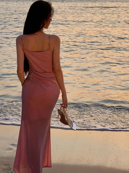 Modest Mermaid Spaghetti Strap Pink Sequin Evening Dresses Slit High School Teens Senior Night Dance Prom Outfits N016