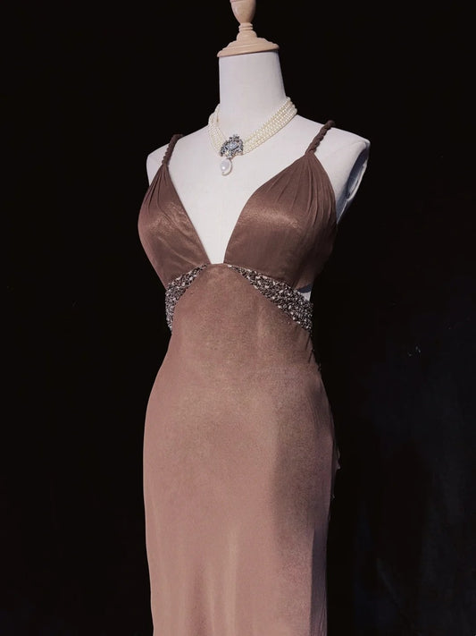 Modest Prom Dresses Mermaid Spaghetti Strap Brown Sleeveless With Ruffled Formal Evening Dress N3839