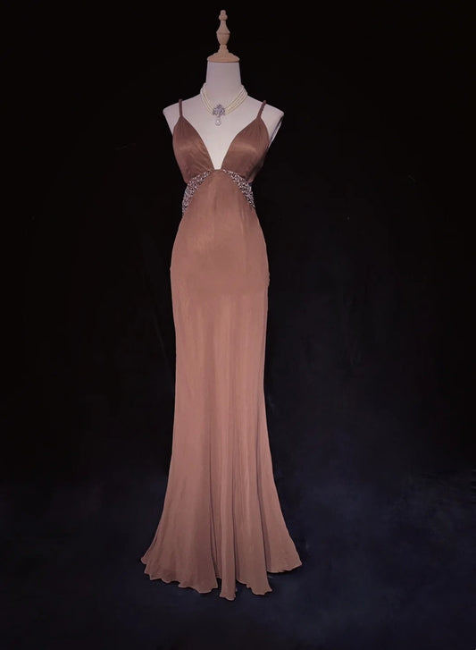 Modest Prom Dresses Mermaid Spaghetti Strap Brown Sleeveless With Ruffled Formal Evening Dress N3839