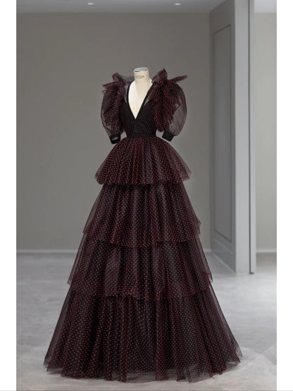 Princess Prom Dresses Ball Gown V Neck Black Tulle Red Polka Dots Sweet 16 Evening Long Formal Dress RB4008