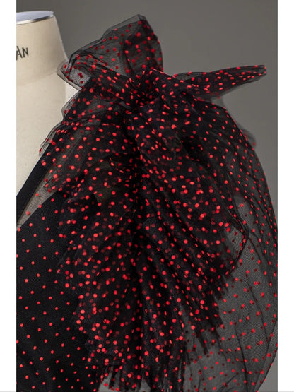 Princess Prom Dresses Ball Gown V Neck Black Tulle Red Polka Dots Sweet 16 Evening Long Formal Dress RB4008
