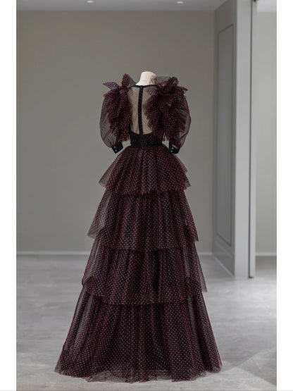 Princess Prom Dresses Ball Gown V Neck Black Tulle Red Polka Dots Sweet 16 Evening Long Formal Dress RB4008