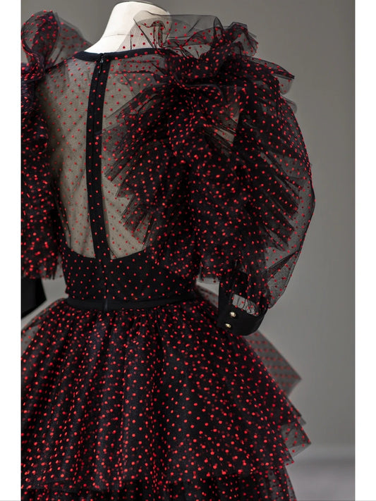 Princess Prom Dresses Ball Gown V Neck Black Tulle Red Polka Dots Sweet 16 Evening Long Formal Dress RB4008