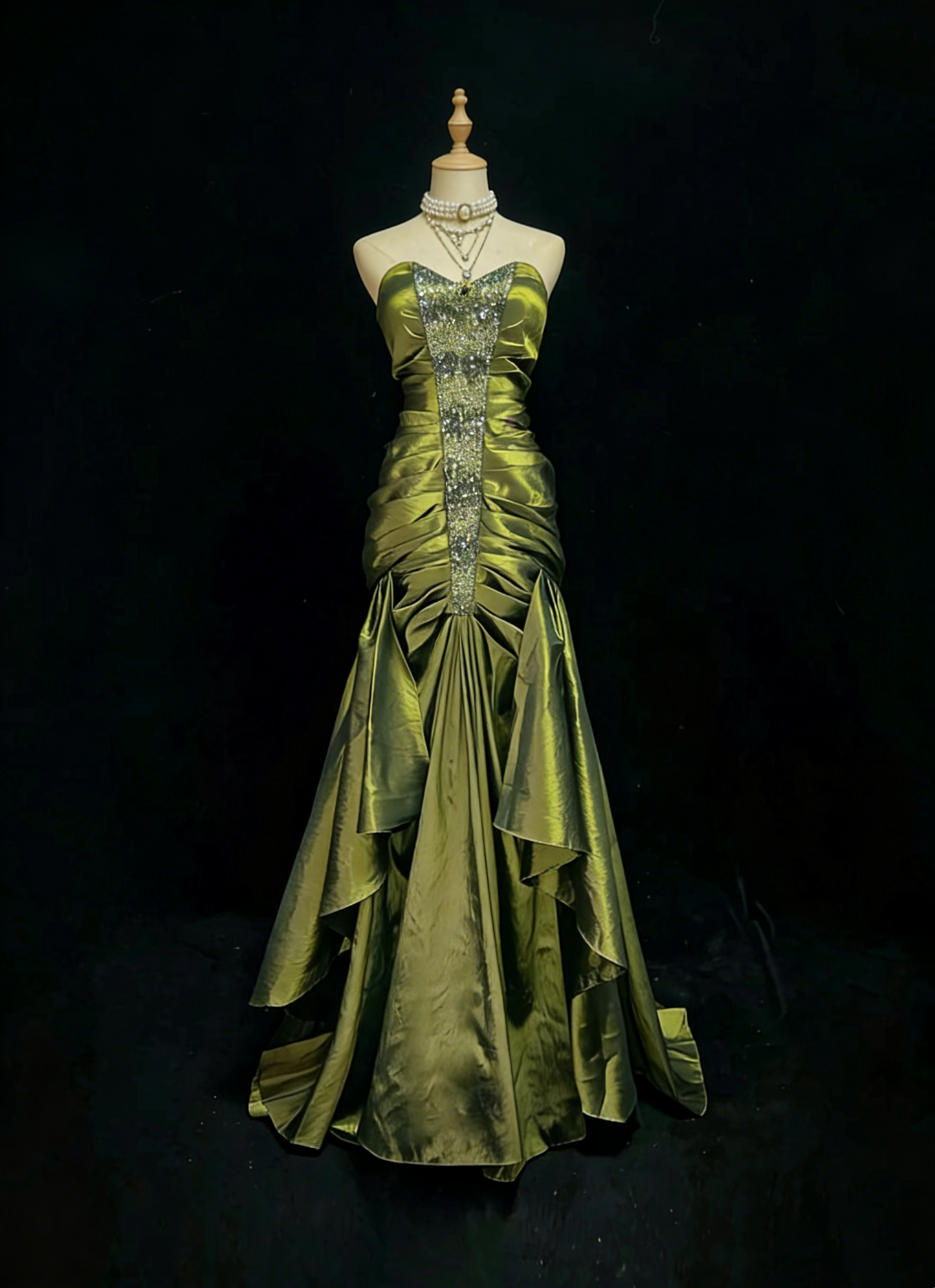 Retro Gown Prom Vintage Dresses Mermaid Sweetheart Olive Green With Beading Long Formal Dress N2319